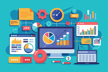 A workspace is filled with customizable analytics tools, showcasing graphs, charts, and metrics on computer screens, enhancing data-driven decision-making