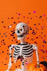 skeleton with pumpkin and black and purple confetti on an orange solid color background