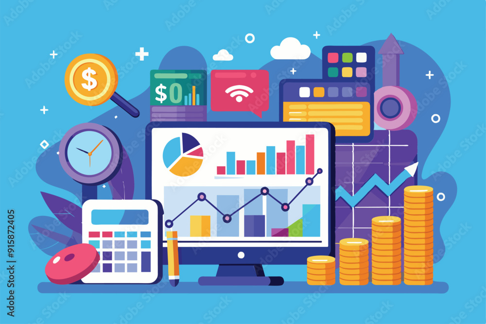 Poster a computer screen displays charts and graphs related to investment data, surrounded by financial too