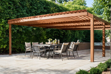 Obraz premium Modern patio furniture include a pergola shade structure, an awning, a patio roof, a dining table, seats, and a metal grill. Generative AI