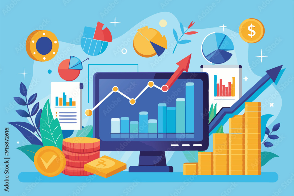 Poster a computer screen displays trading growth data with graphs, charts, and currency elements, represent