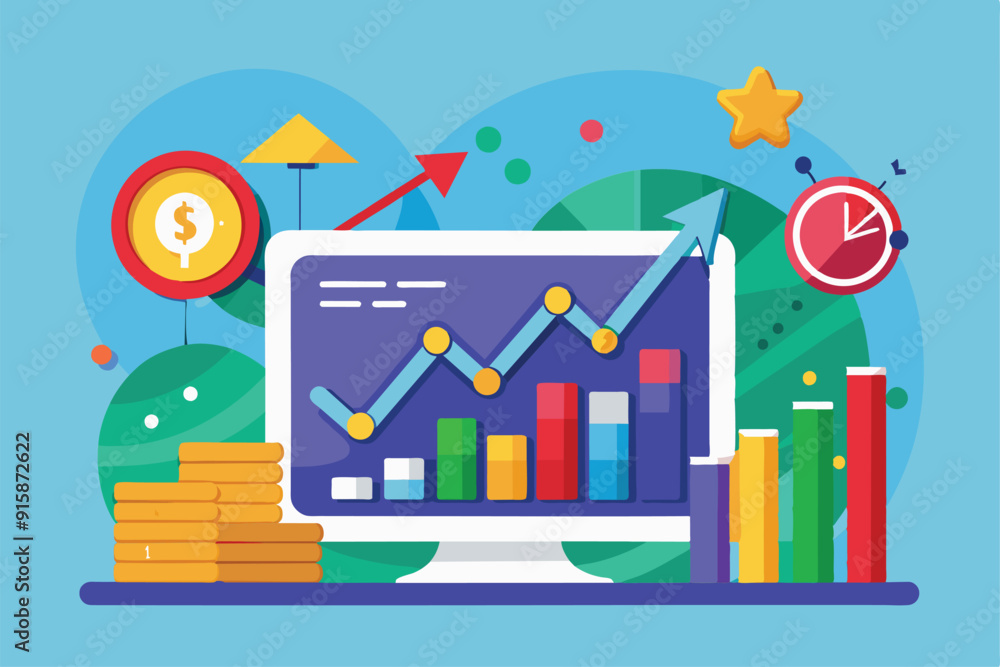 Poster analyzing trading growth data on a computer screen with colorful graphs, charts, coins, and icons re