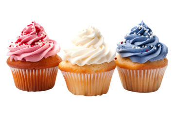 A freshly baked cupcake or muffin topped with rich creamy frosting and chocolate sprinkles, perfect for celebrations. Isolated on white transparent background