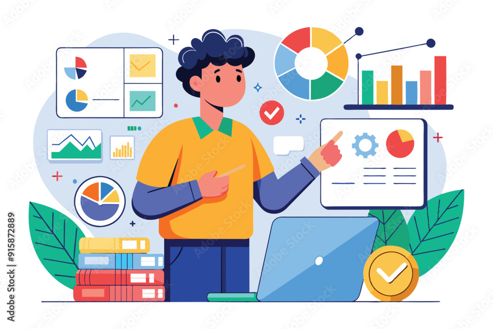 Poster a person is actively analyzing work projects using a laptop, with various charts and graphs displaye