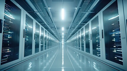 Obraz premium A datacenter. server racks with telecommunication equipment in server room. Generative AI.