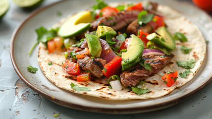 Grilled meat taco with avocado, salsa, and vegetables on a tortilla.