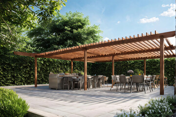 Modern patio furniture include a pergola shade structure, an awning, a patio roof, a dining table, seats, and a metal grill. Generative AI