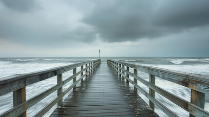 Obraz premium A long wooden pier overlooking a stormy ocean with waves and a grey sky with clouds.