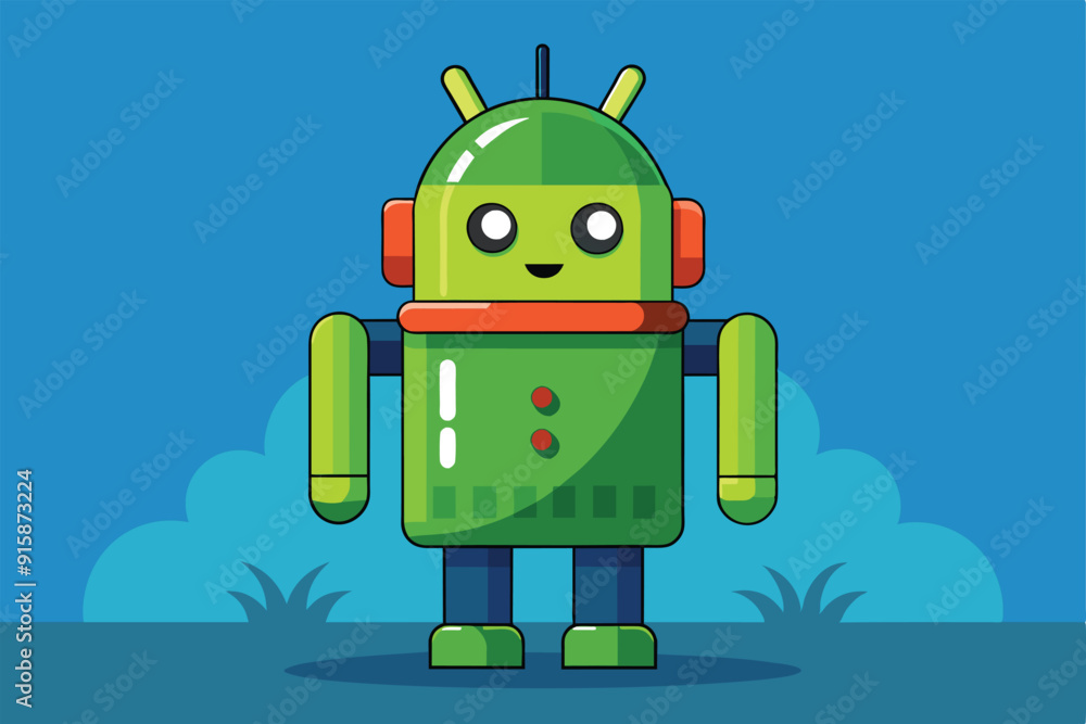 Poster a cheerful green android cartoon character stands in a bright blue landscape with a soft green backd