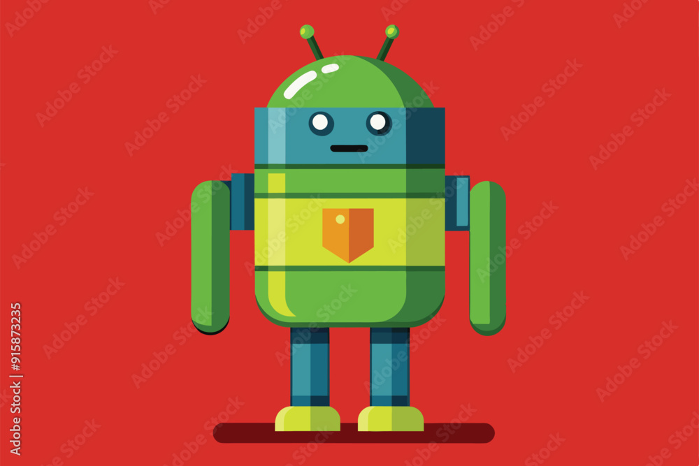 Poster a cheerful green android character stands confidently with unique features against a vibrant red bac