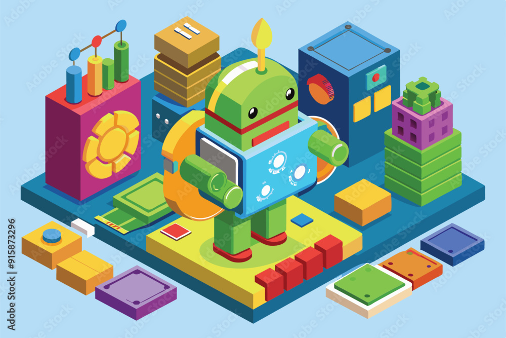 Poster a customizable android explores various tools and colorful objects at a lively workstation, actively