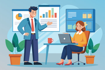 An employee presents data insights to a manager at a desk in a modern office, showcasing charts on display boards and engaging in discussion