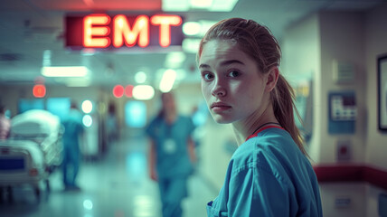 A nurse in scrubs in a hospital corridor under an EMT sign.