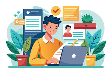 An employee diligently works on a CV letter at his desk, focusing on his laptop while surrounded by plants and organized documents