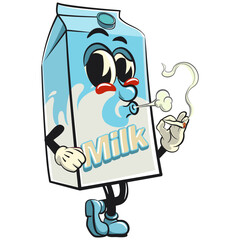 character of a cute milk box cartoon vector isolated clip art mascot illustration smoke calmly, work of hand drawn
