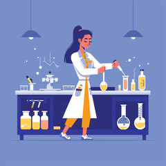 Female scientist in a lab coat working with test tubes, modern and clean illustration.
