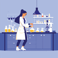 Female scientist in a lab coat working with test tubes, modern and clean illustration.
