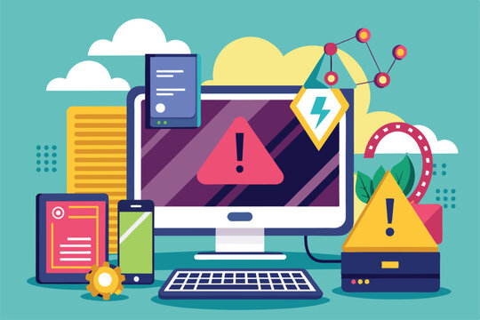 A computer screen and other devices show error alerts indicating a malfunction, highlighting technical issues in a contemporary work setting