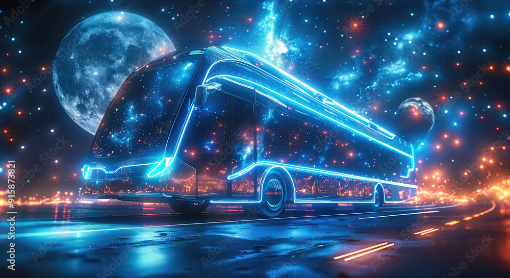Poster a futuristic bus traveling through interstellar space, sleek design with large panoramic windows, ad