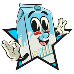 character of a cute milk box cartoon vector isolated clip art mascot illustration out from of a star by giving an OK sign, work of hand drawn