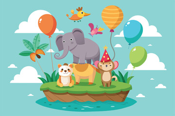 Obraz premium A playful scene shows animals happily floating with colorful balloons above a lush tropical island under a cheerful sky