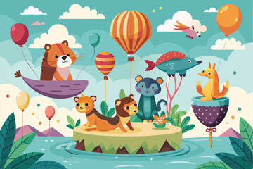 A variety of playful animals float joyfully with vibrant balloons over a lush island surrounded by water and whimsical clouds