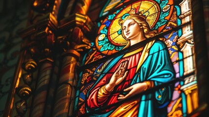 Obraz premium A colorful stained glass window illustrates a serene figure with a gentle expression and intricate details, illuminated by sunlight