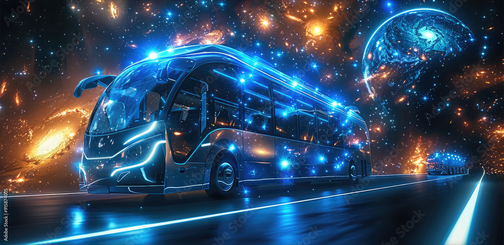 Poster a futuristic bus traveling through interstellar space, sleek design with large panoramic windows, ad