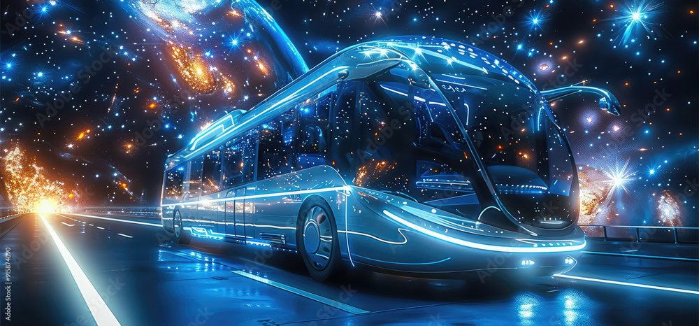 Poster a futuristic bus traveling through interstellar space, sleek design with large panoramic windows, ad