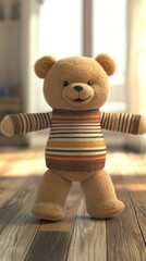 Cuddly Animated Teddy Bear in a Striped Sweater, Arms Outstretched, Welcoming Warmth on a Wooden...