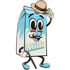 character of a cute milk box cartoon vector isolated clip art mascot illustration carrying a stick and saluting with raised hat, work of hand drawn