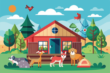 Naklejka premium A cheerful scene at an animal shelter with various pets enjoying a sunny day outside the building, surrounded by trees and vibrant nature