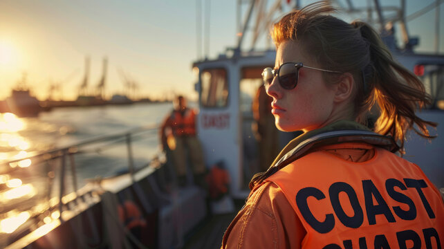 Woman coast guard officer patrolling at sunset on a boat.