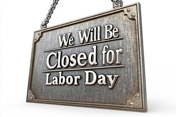 Labor Day Closure Sign in Vintage Metal Design, on white background