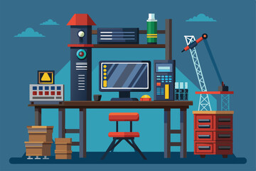 A well-organized industrial desk showcases a rugged computer tower, tools, and construction materials in a workshop environment filled with natural light