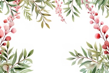 Watercolor floral frame with green leaves and pink flowers.