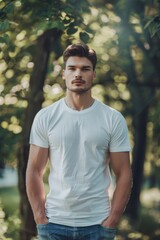 A person wearing a white t-shirt stands near a tree, possibly taking a break or enjoying nature