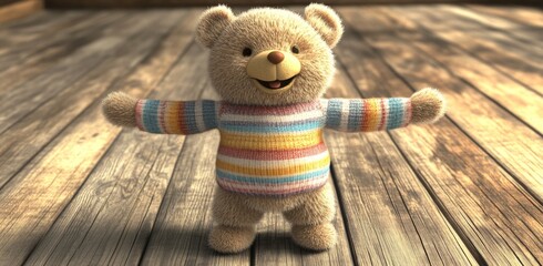 Cuddly Animated Teddy Bear in a Striped Sweater, Arms Outstretched, Welcoming Warmth on a Wooden...