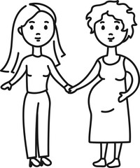 LGBT family line hand drawing. A couple of lesbians in love. A pregnant woman. Two mothers.