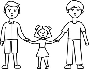 LGBT family line hand drawing. A couple of gays in love. Two fathers and child. Teenage daughter with gay parents. LGBT parents.