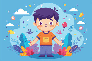 A young boy stands with arms outstretched, surrounded by vibrant plants and whimsical elements, promoting relaxation and creativity for all ages