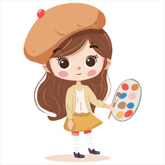 Cute simple clip art of a girl with a beret and paintbrush, holding a palette, as a flat vector illustration on a white background.