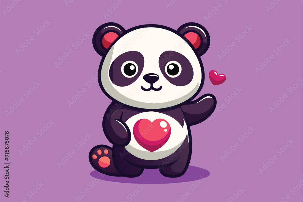 Sticker A cheerful panda holds a tiny heart in its paw, showcasing affection and playfulness against a vibrant purple background