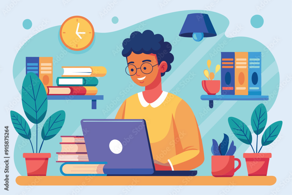 Poster a person is focused on studying with a laptop in a vibrant room surrounded by books and greenery, cr