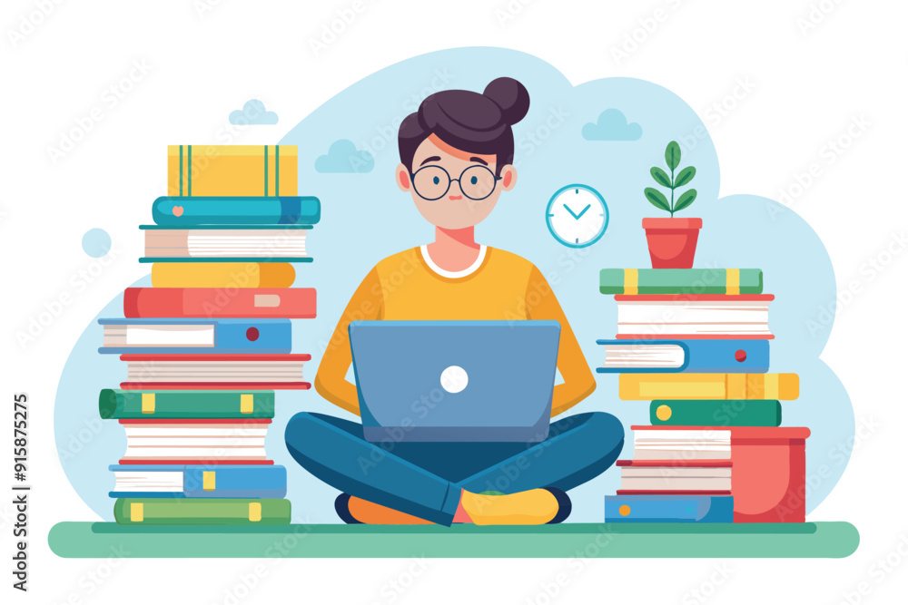 Poster a focused student is studying intently on a laptop with books stacked around, creating an engaging a