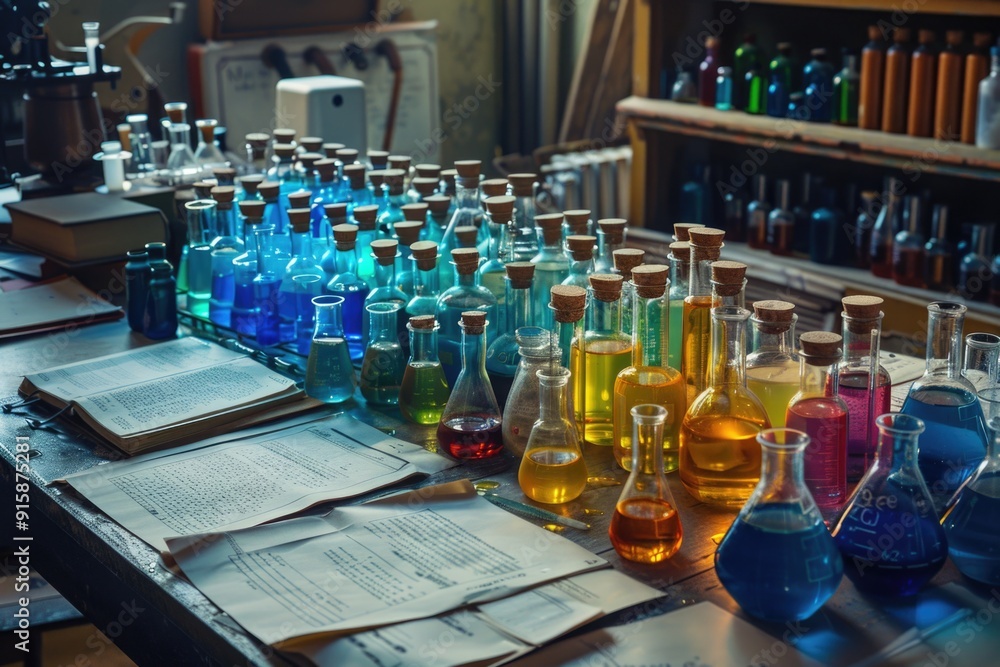 Poster a long table filled with various bottles, suitable for use in still life photography or as a prop fo