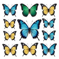 collection of butterflies,set of Beautiful royal blue yellow green and black butterflies isolated on white Background 