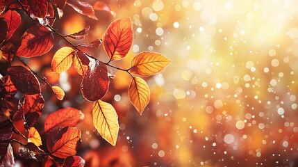 Colorful autumn leaves in cozy forest. Red, orange and yellow foliage set warm tone with bokeh effect. Perfect natural background for the golden season with copy space on the right