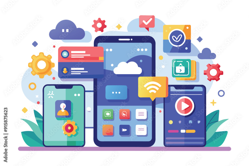 Poster multiple mobile devices display customizable app installation features surrounded by colorful icons 