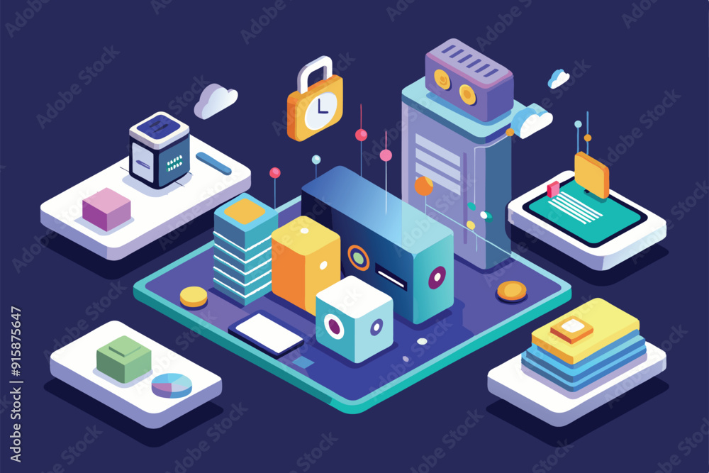 Poster exploring an engaging isometric design showcasing customizable app installation with cloud storage, 